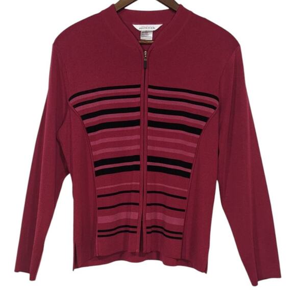 Y2K Exclusively Misook Zip Up Cardigan Striped Fuchia Black Pink Wine Large - Picture 1 of 9